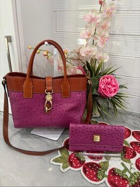Dooney & Bourke Plum Ostrich-Embossed Leather Tote with Brown Trim with wallet
